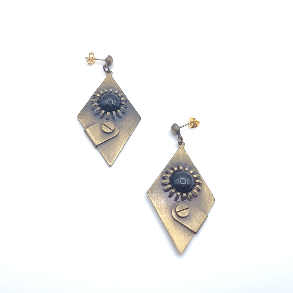 Vintage Jewelry - Art Deco with a Steam Punk Vibe -  Gold and Black Geometric Earrings